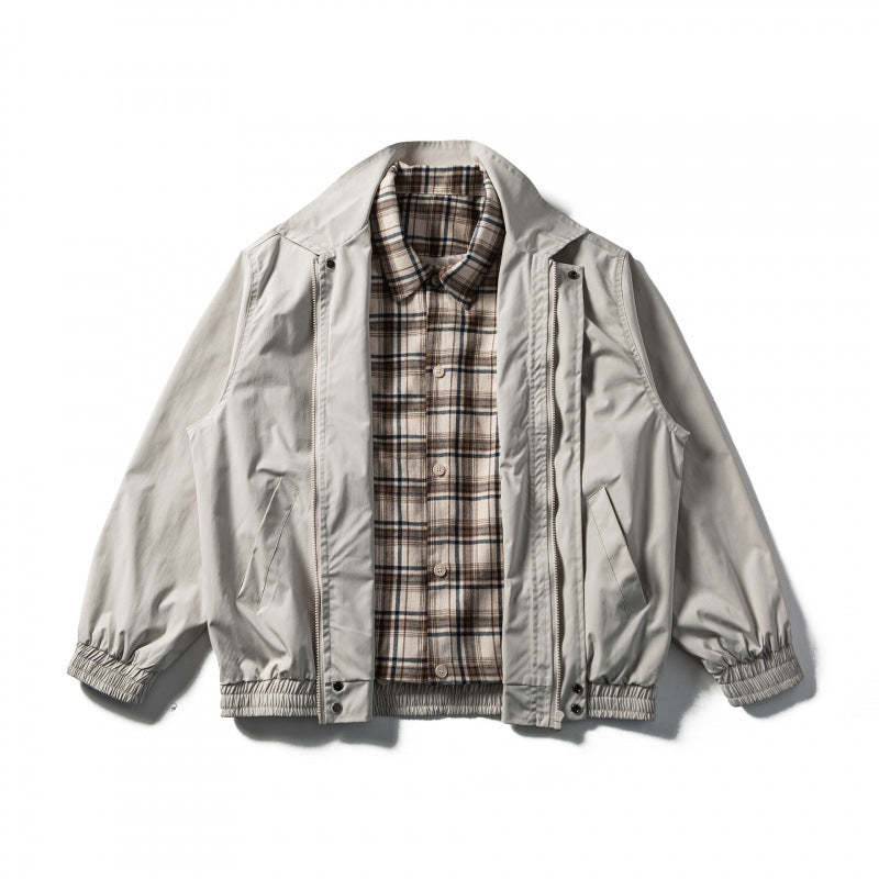 Men's Short Cut Boxy Transition Jacket with Checked Collar and Elastic Hem Mune Fashion