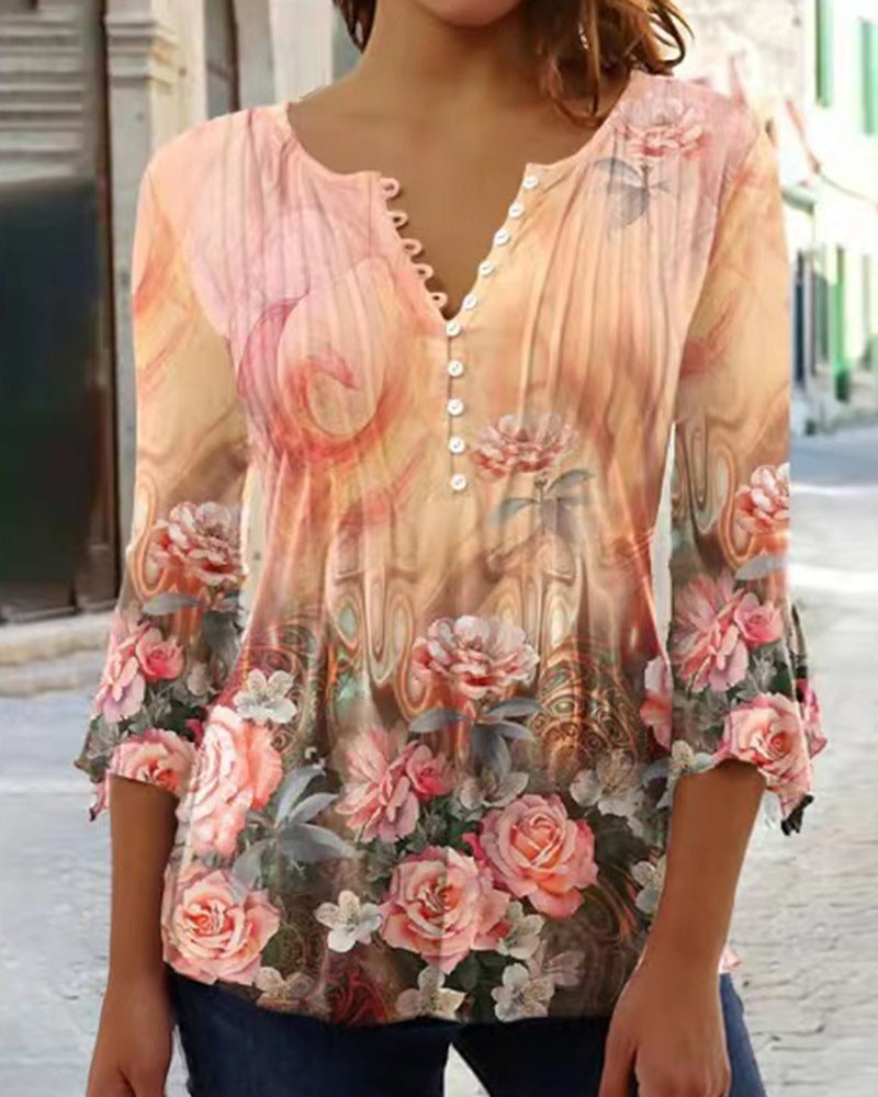 Women's Lightweight Viscose Tunic with V-Neck, Pleating and Floral Border Print Mune Fashion