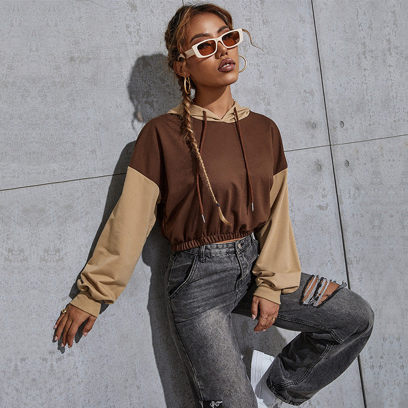 Women Fashionable cropped Hoodie with color block Mune Fashion