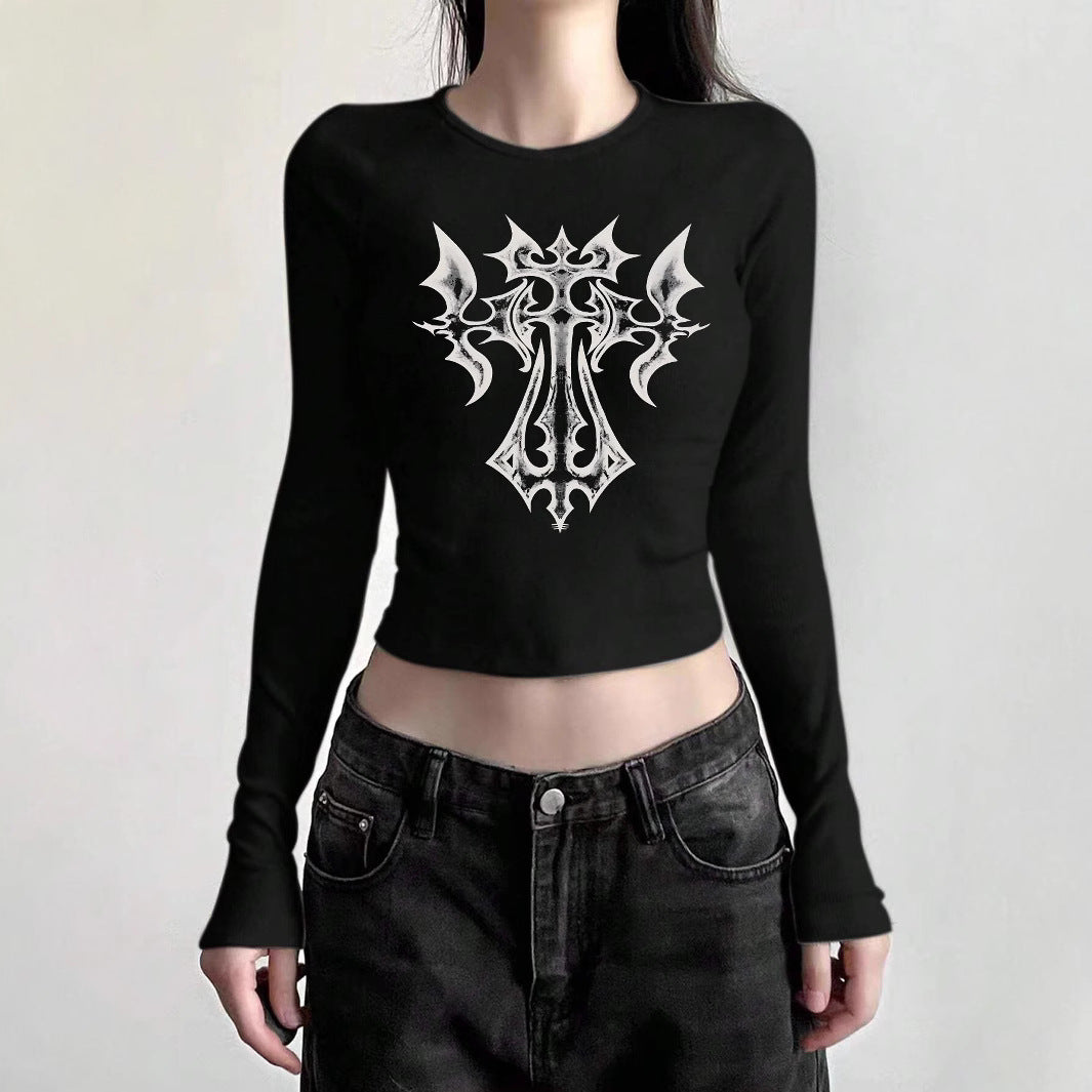 Women's figure-hugging long-sleeved cropped shirt with photorealistic lip collage and slim fit Mune Fashion