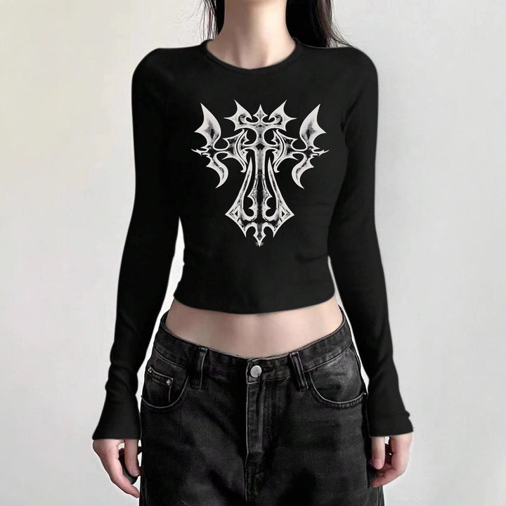 Women's figure-hugging long-sleeved cropped shirt with photorealistic lip collage and slim fit Mune Fashion