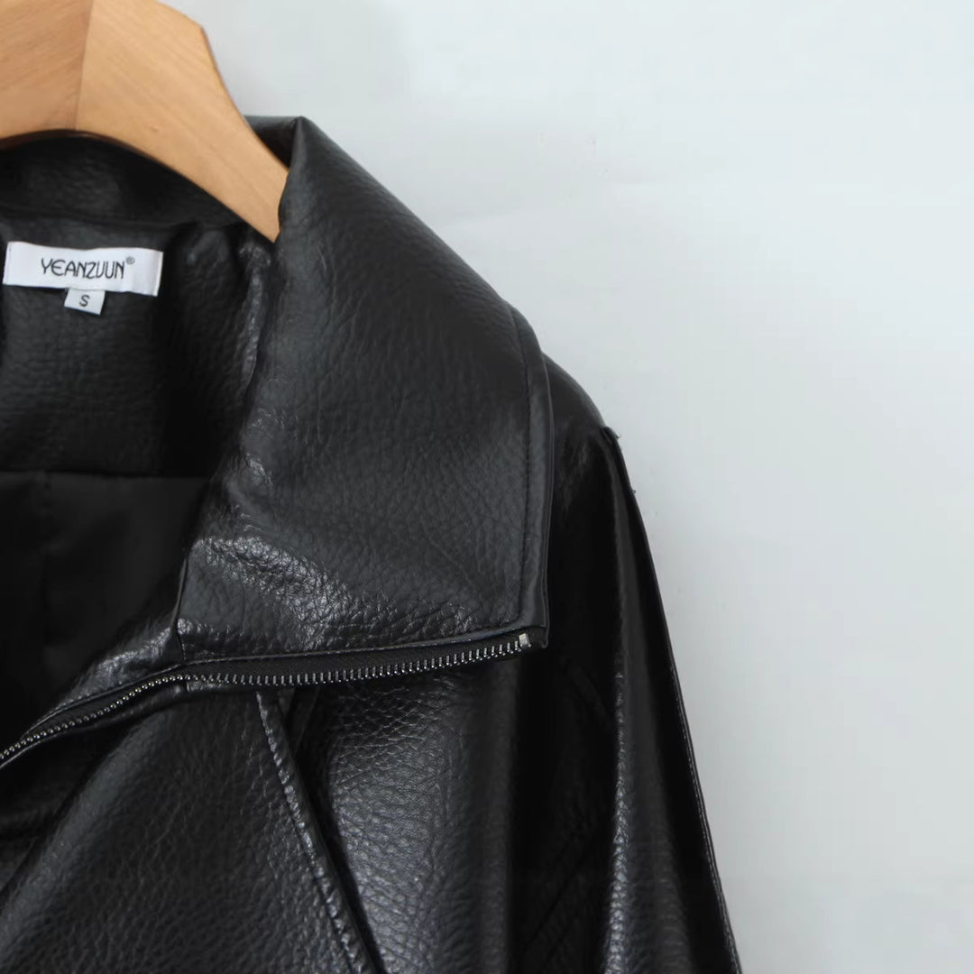 Women's Oversized Leather Jacket with Asymmetrical Zipper and Wide Collar Mune Fashion
