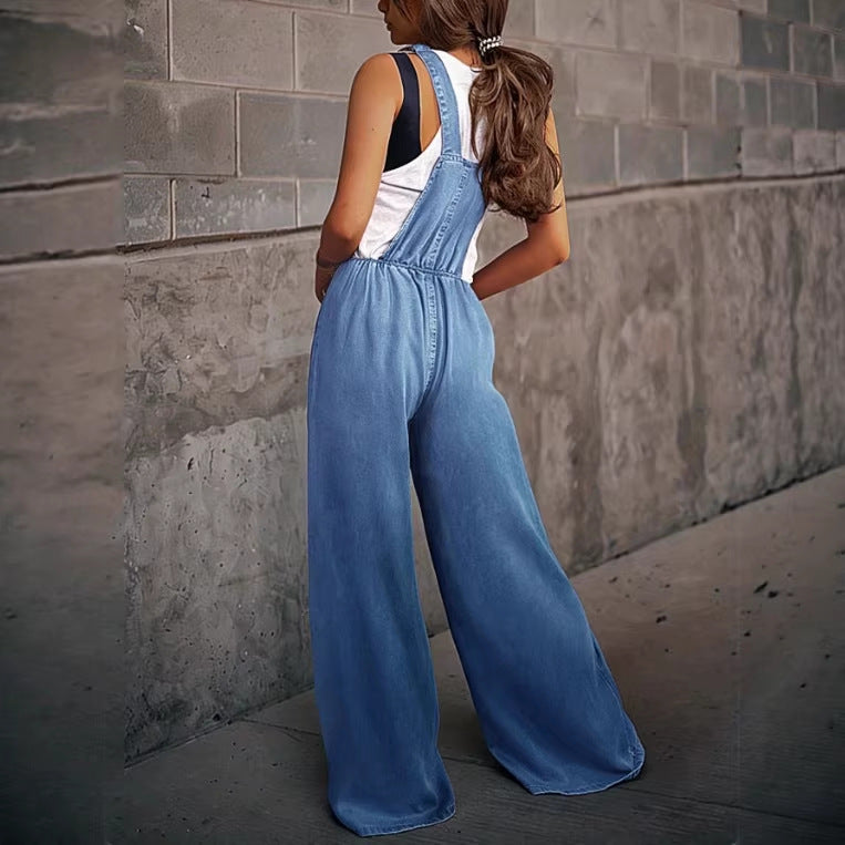 Women's Wide Denim Overall in Palazzo Cut with Adjustable Straps Mune Fashion