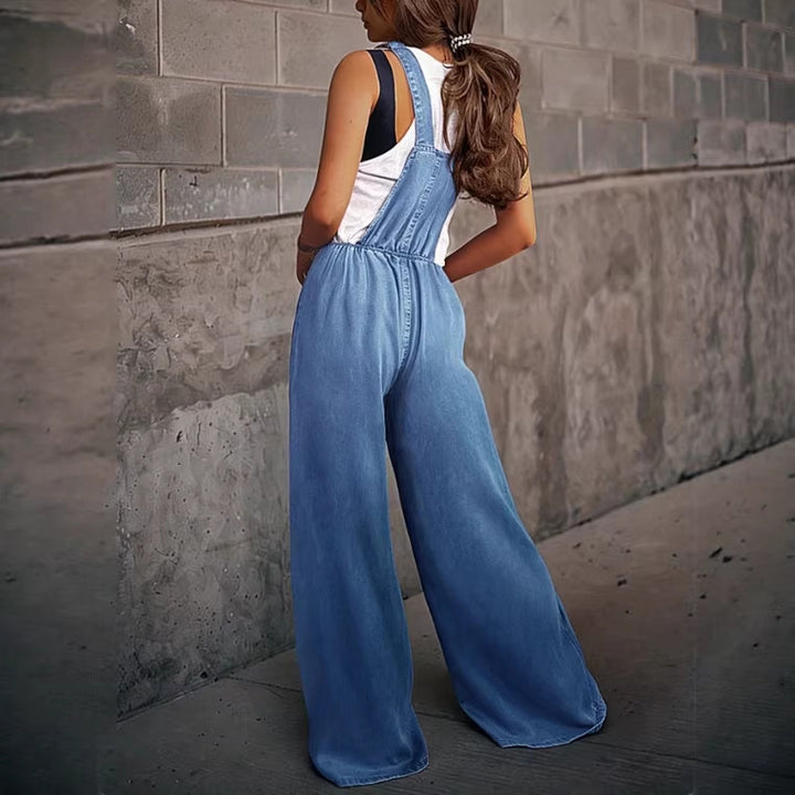 Women's Wide Denim Overall in Palazzo Cut with Adjustable Straps Mune Fashion