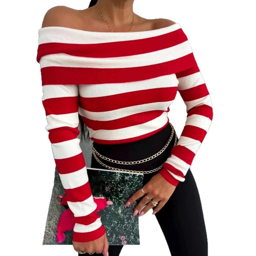 Women Casual Striped Off-Shoulder Top Mune Fashion