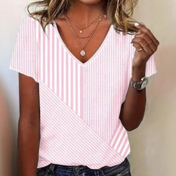 Women striped V-neck blouse with asymmetrical stripe mix and short sleeves Mune Fashion