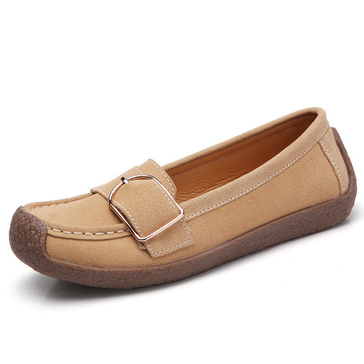 Women's moccasin slippers made of suede leather with decorative metal buckle, padded footbed, and non-slip rubber outsole Mune Fashion