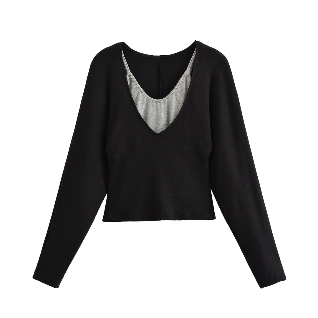 Women's Layered Look Long Sleeve Shirt with Deep V-Neck and Integrated Camisole Mune Fashion