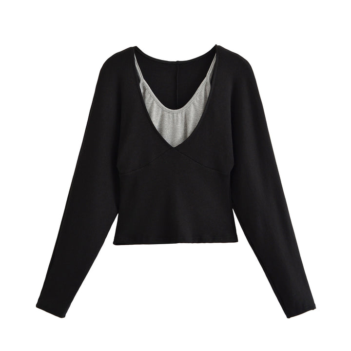 Women's Layered Look Long Sleeve Shirt with Deep V-Neck and Integrated Camisole Mune Fashion