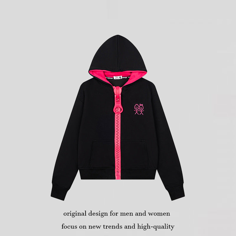 Women's Hoodie Sweat Jacket with Oversized Zipper and Minimalist Embroidery Mune Fashion