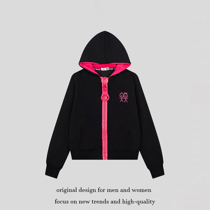 Women's Hoodie Sweat Jacket with Oversized Zipper and Minimalist Embroidery Mune Fashion