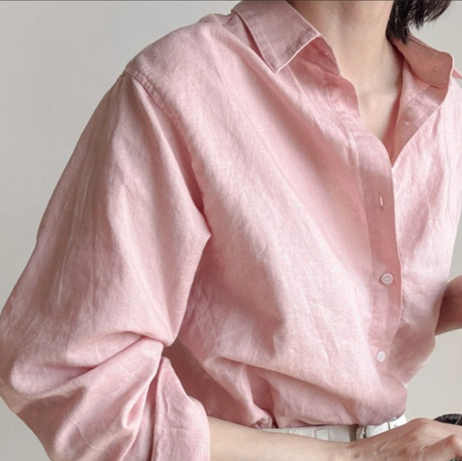 Women Loose Linen Shirt with Boxy Silhouette, Turned-up Cuff and Kent Collar Mune Fashion
