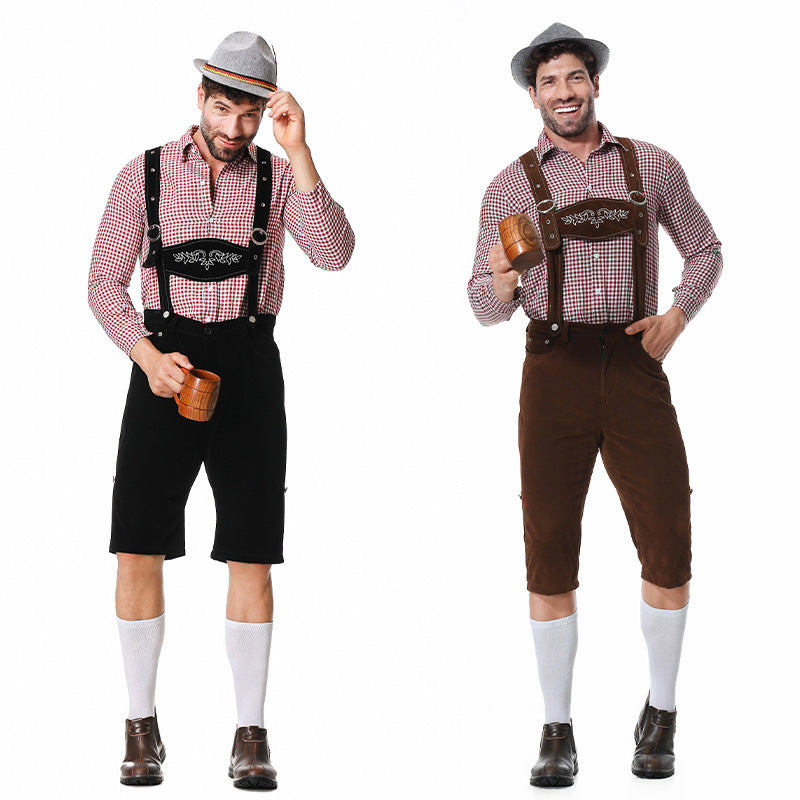 Men's short traditional leather trousers in suede look with embroidered bib and adjustable straps Mune Fashion