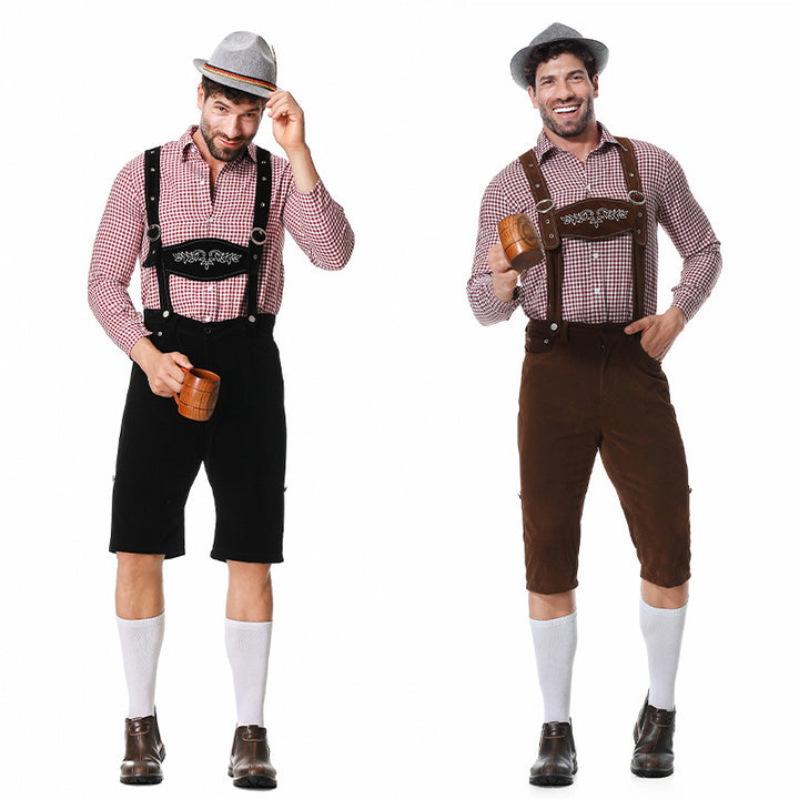 Men's short traditional leather trousers in suede look with embroidered bib and adjustable straps Mune Fashion
