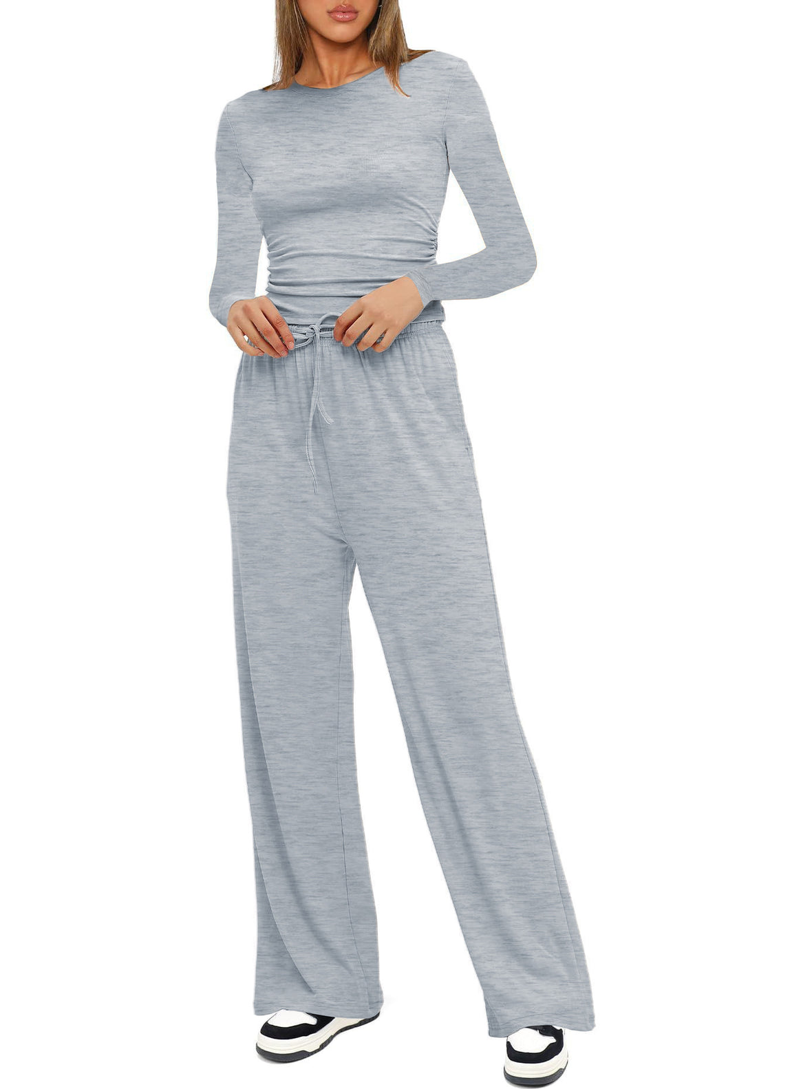 Women's Figure-Hugging Long Sleeve with Side Gathering and High-Waist Palazzo Jogging Pants Set Mune Fashion