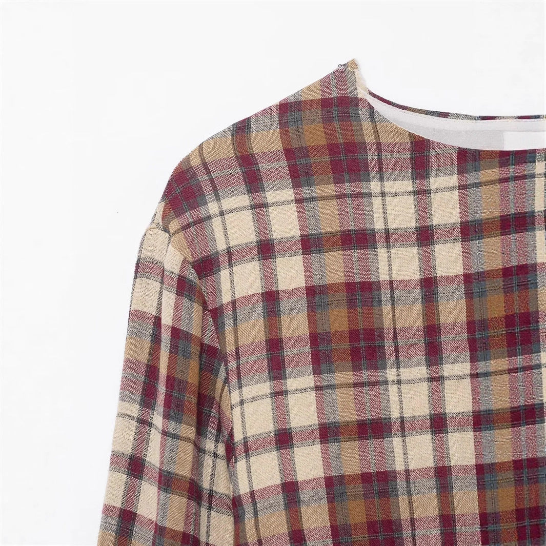 Ladies' checked mini dress with twisted waist band and flared skirt Mune Fashion