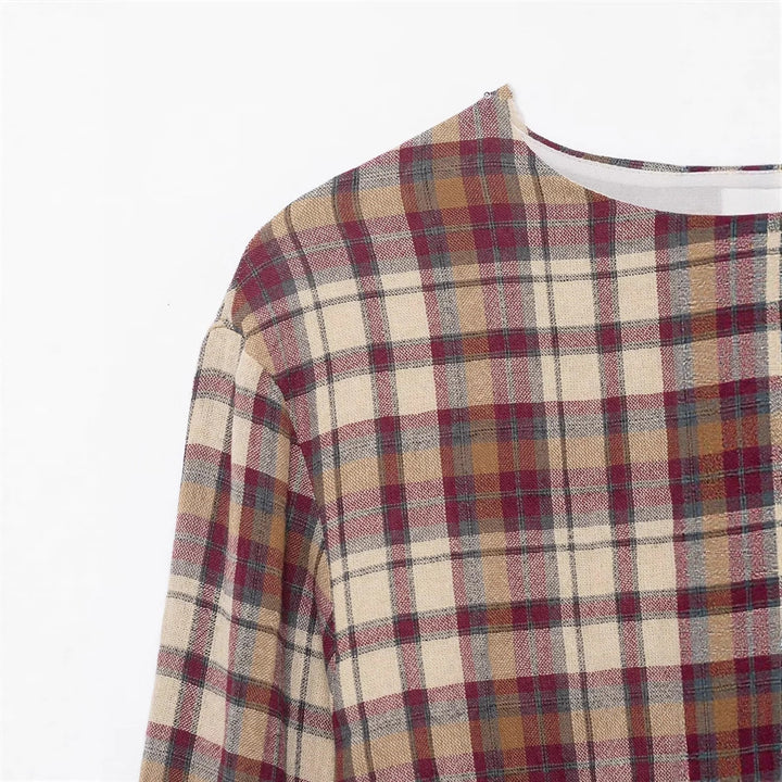 Ladies' checked mini dress with twisted waist band and flared skirt Mune Fashion