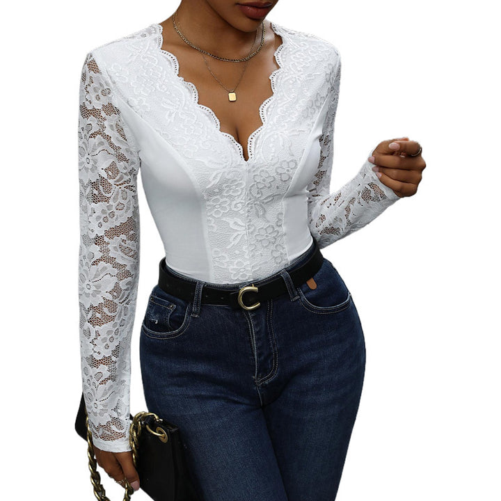 Women Elegant Lace Bodysuit with Deep V-Neck Mune Fashion