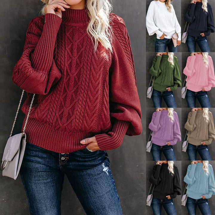 Women's cable knit sweater with turtleneck and balloon sleeves Mune Fashion