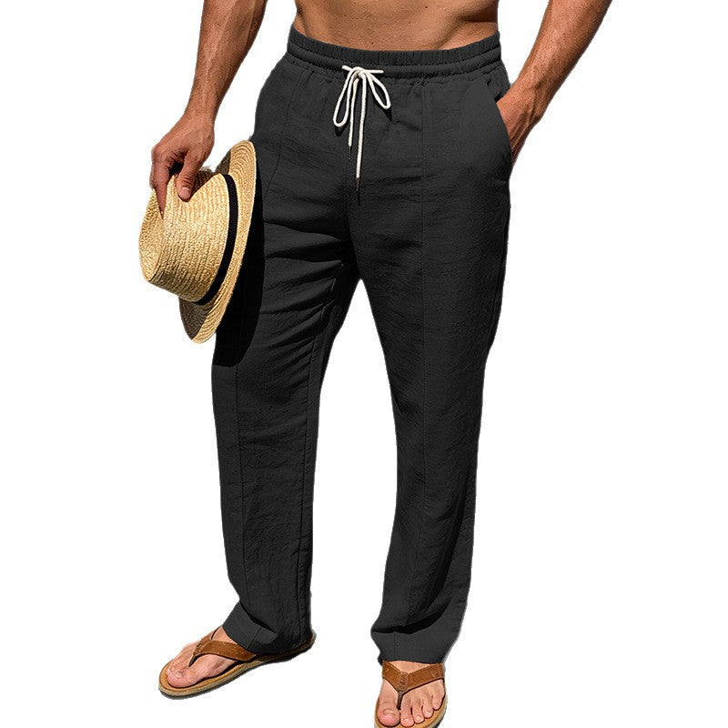 Men's summer chino pants in linen look with elastic drawstring waistband, decorative center seam, and straight leg Mune Fashion