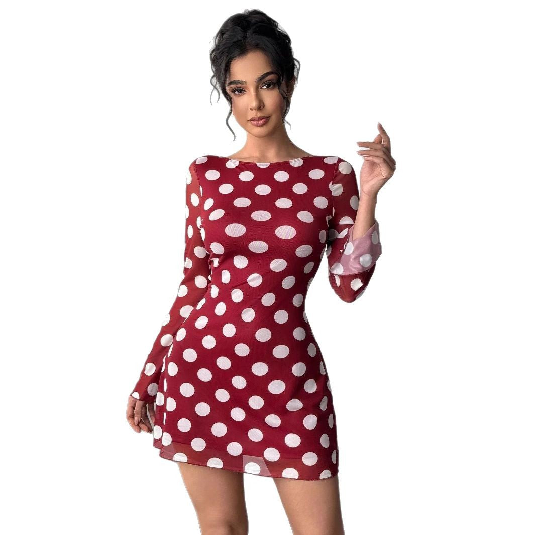 Women's figure-hugging transparent mesh mini dress with deep back neckline and polka dot pattern Mune Fashion