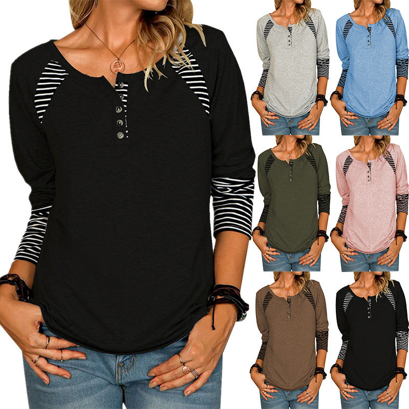 Women's Casual Raglan Henley Shirt with Button Placket and Striped Cuff Sleeves Drune