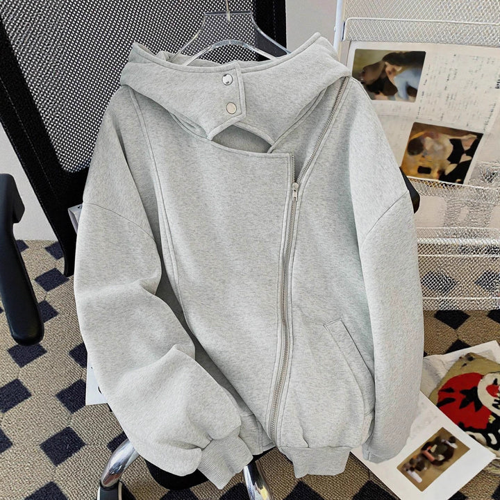 Women Oversized Hoodie Jacket with Asymmetric Zipper and Cut-Out Detail Mune Fashion