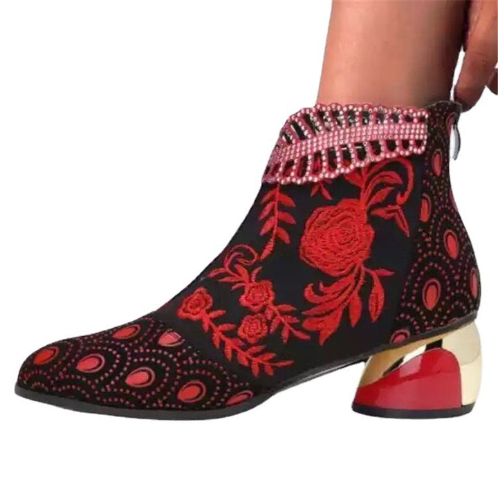 Women's embroidered ankle boots with velvet insert, pearl embellishments, and sculpted block heel Mune Fashion