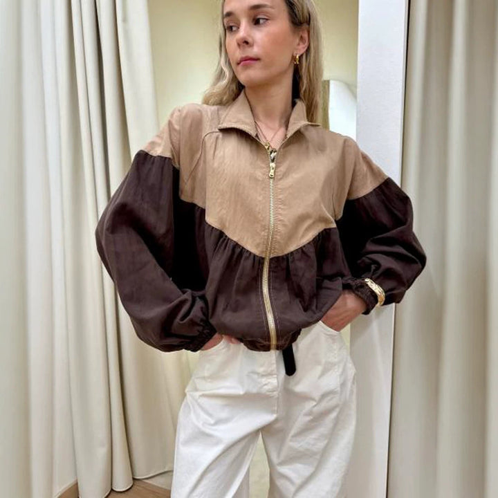 Women's short cut multicolored bomber jacket with drawstring, raglan sleeves, and zipper Mune Fashion