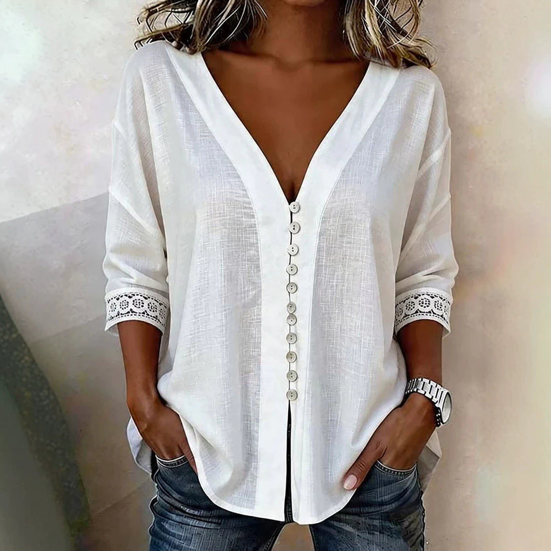Ladies Light V-Neck Blouse with Decorative Button Placket and Lace Trim Sleeves Mune Fashion