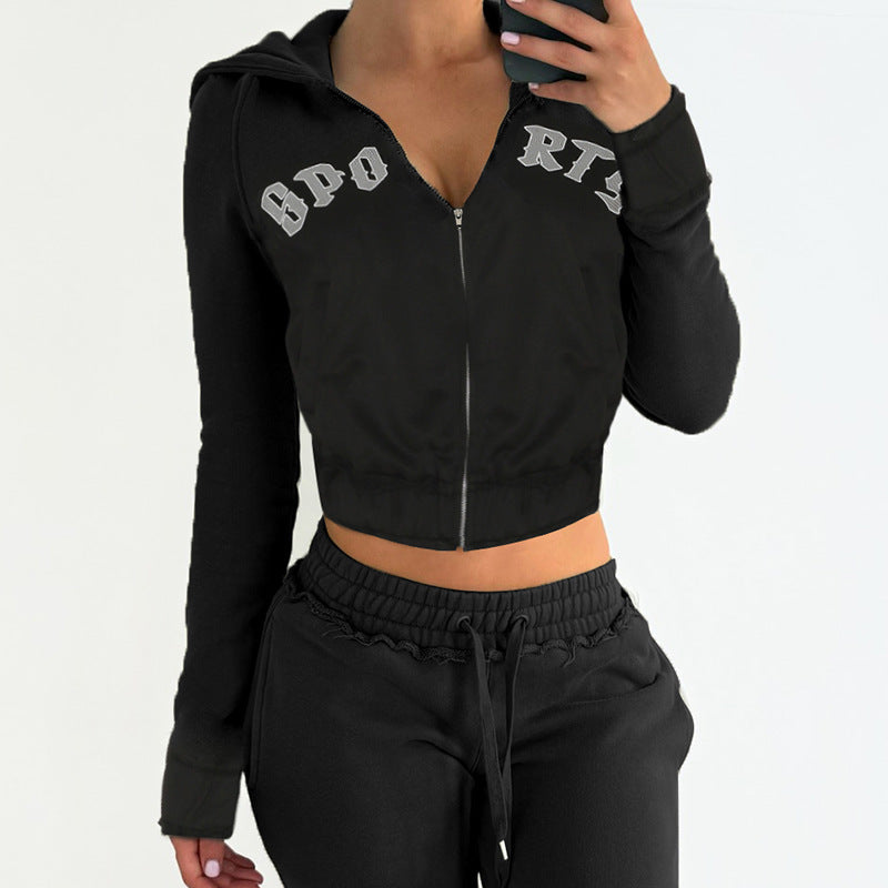 Women's tailored cropped hoodie with full zip, elastic hem, and decorative college print Mune Fashion