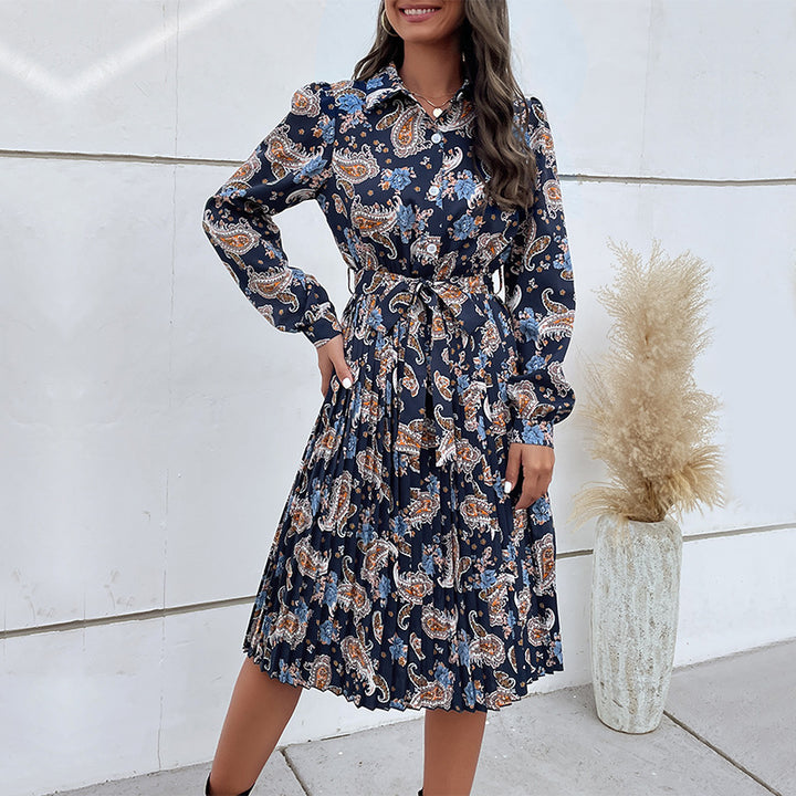 Women Elegant Maxi Dress with Waist Belt and Floral Pattern Mune Fashion