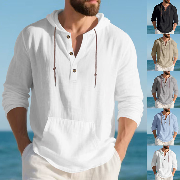Men's lightweight linen Henley hoodie top with kangaroo pocket and casual relaxed fit Mune Fashion
