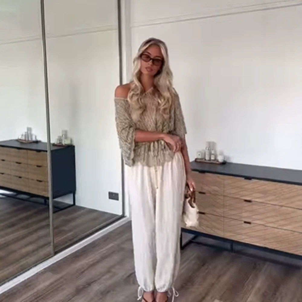 Women's Off-Shoulder Crochet Knit Blouse with Drawstring and Volume Sleeves Mune Fashion