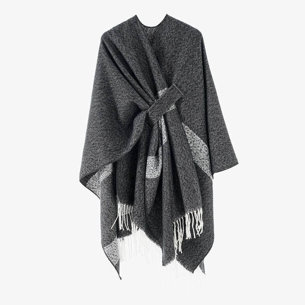 Women Woven Wool Blend Ruana with Diagonal Stripes and Fringes Mune Fashion