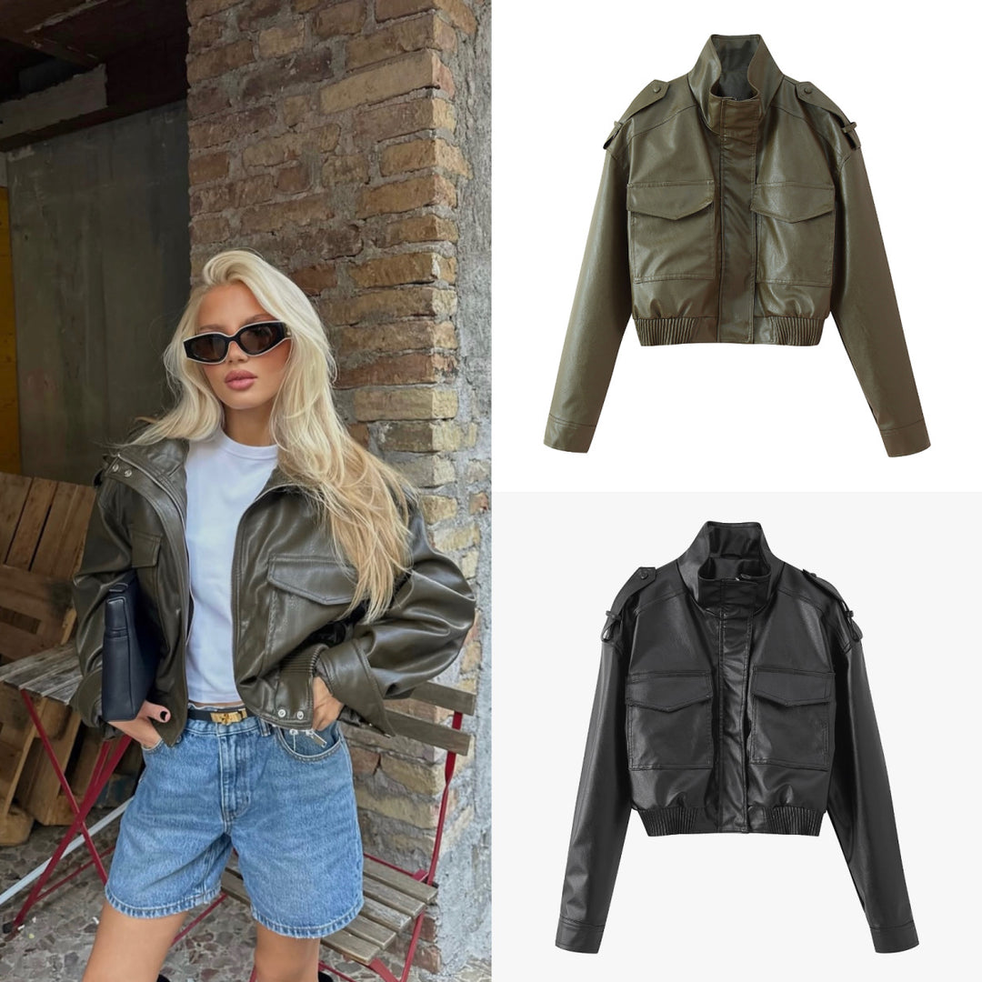 Women's short cut blouson jacket made of vegan leather with shoulder flaps and flap pockets Mune Fashion