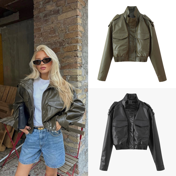 Women's short cut blouson jacket made of vegan leather with shoulder flaps and flap pockets Mune Fashion