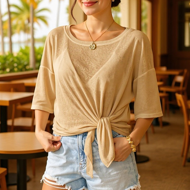 Women's casual top with floral design and side knot Mune Fashion
