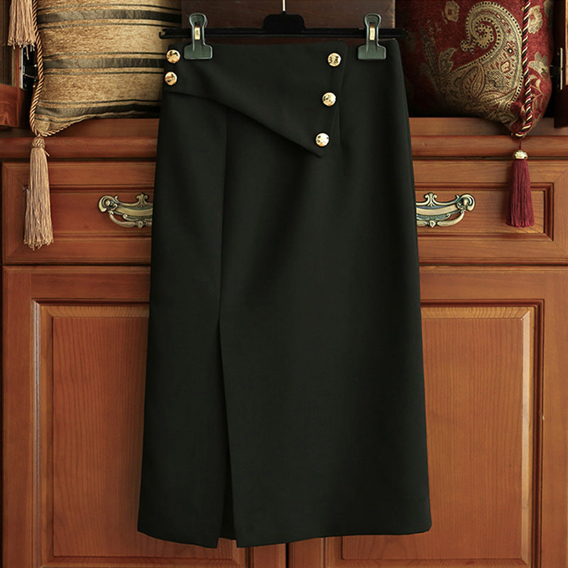 Women's Elegant Midi Skirt with Asymmetrical Cut and Gold Buttons Mune Fashion