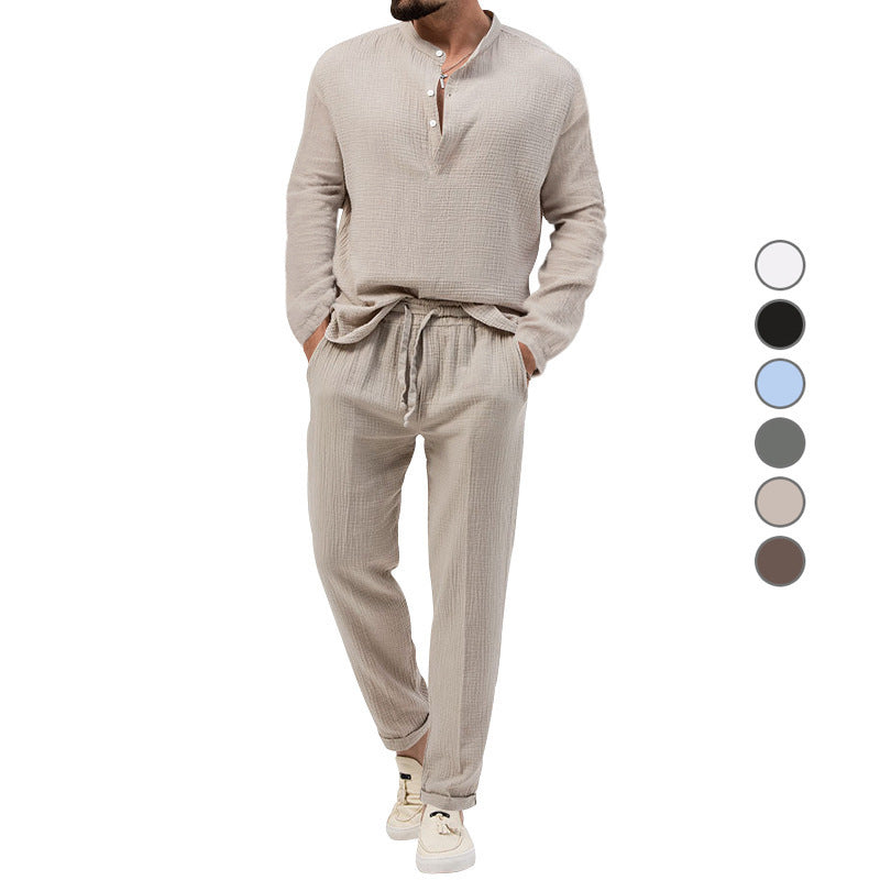 Men's Casual Two-Piece Lounge Set made of Cotton Gauze with Henley Top and Drawstring Pants Mune Fashion
