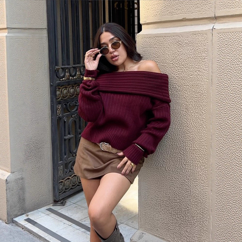 Women Off-Shoulder Ribbed Knit Sweater with Wide Folded Collar Mune Fashion