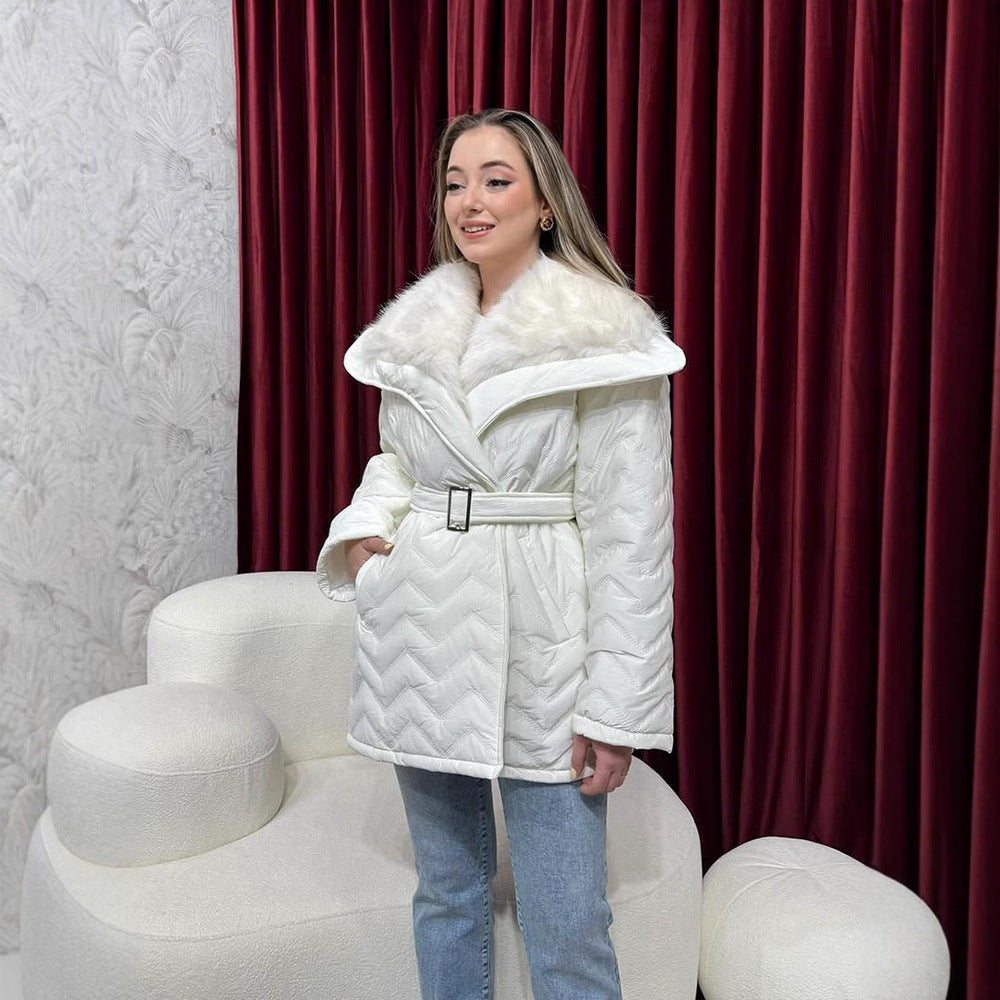 Ladies Shiny Padded Jacket with Waist Belt and Voluminous Faux Fur Collar Mune Fashion