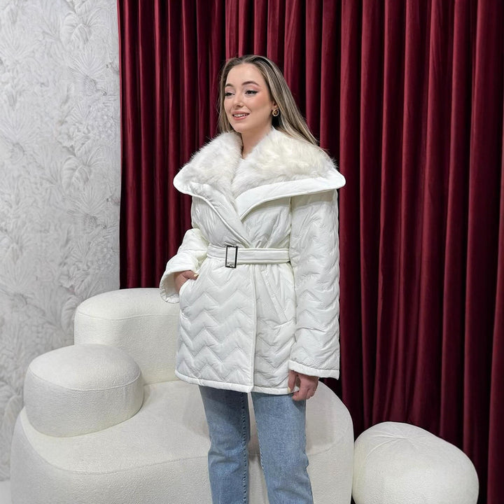 Ladies Shiny Padded Jacket with Waist Belt and Voluminous Faux Fur Collar Mune Fashion