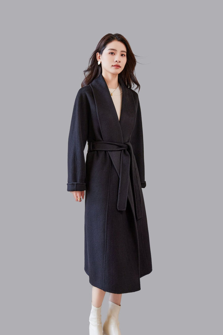 Ladies Mid-length Wrap Coat with Tied Belt and Shawl Collar Mune Fashion