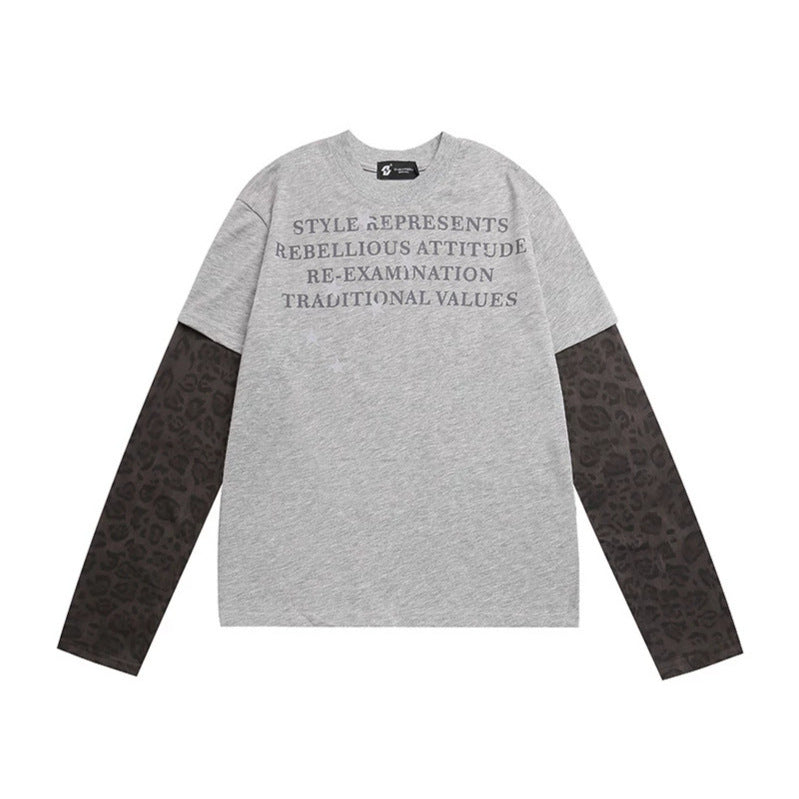 Women Layered Long Sleeve Shirt with Contrast Sleeves in Leopard Pattern and Statement Print Mune Fashion