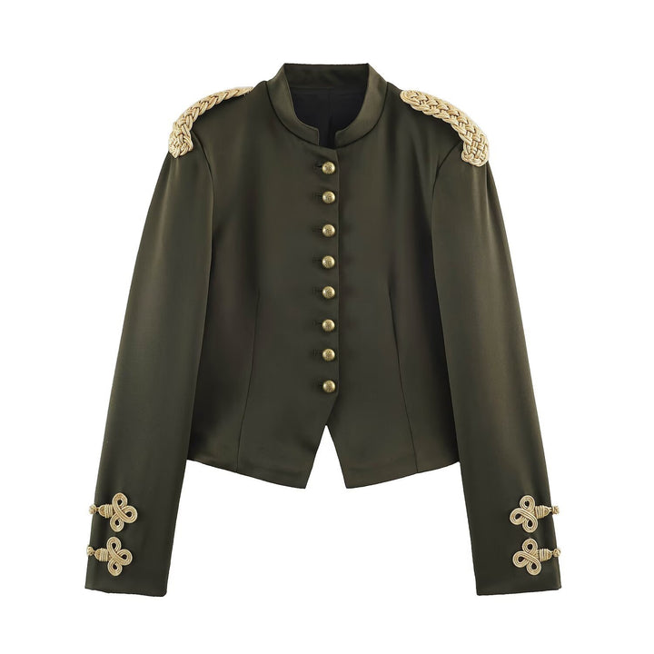 Women's Short Military Blazer with Braided Epaulettes and Decorative Knot Sleeves Mune Fashion