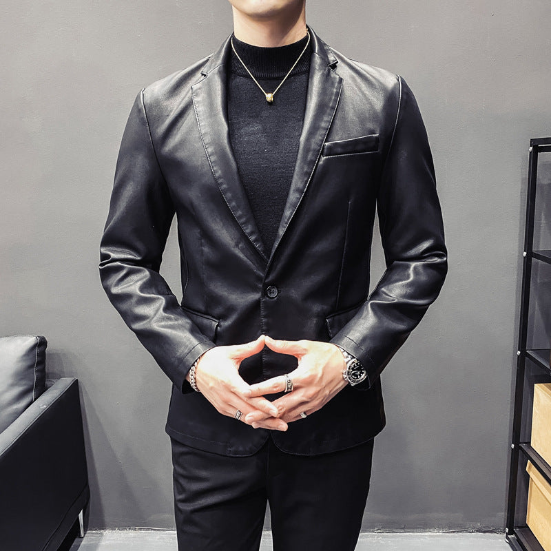Men's Slim-Fit Leather Blazer with Tailored Silhouette and Classic Lapel Collar Mune Fashion