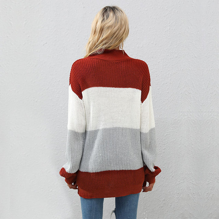 Women's Fashionable Knit Sweater with High Collar and Block Stripes Mune Fashion