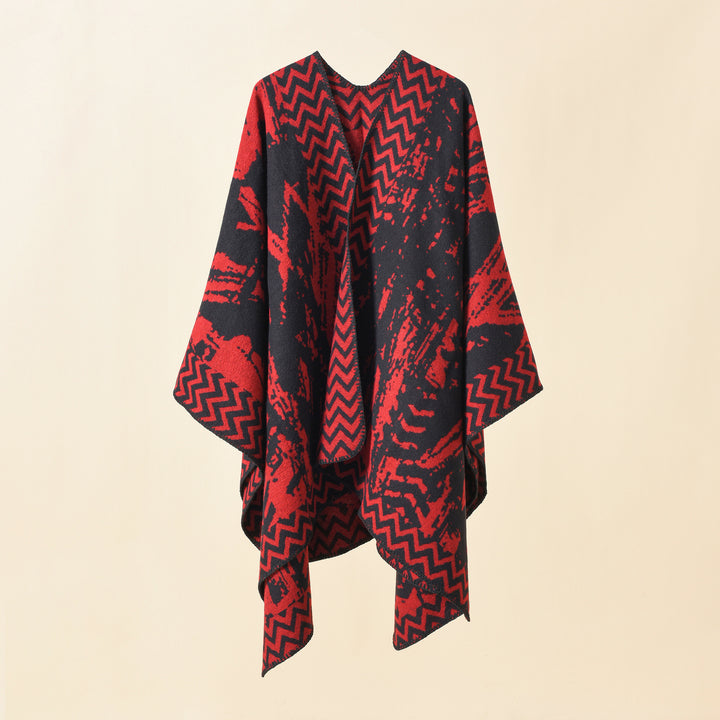Women's Knit Ruana with Abstract Jacquard and Overlock Hem Mune Fashion