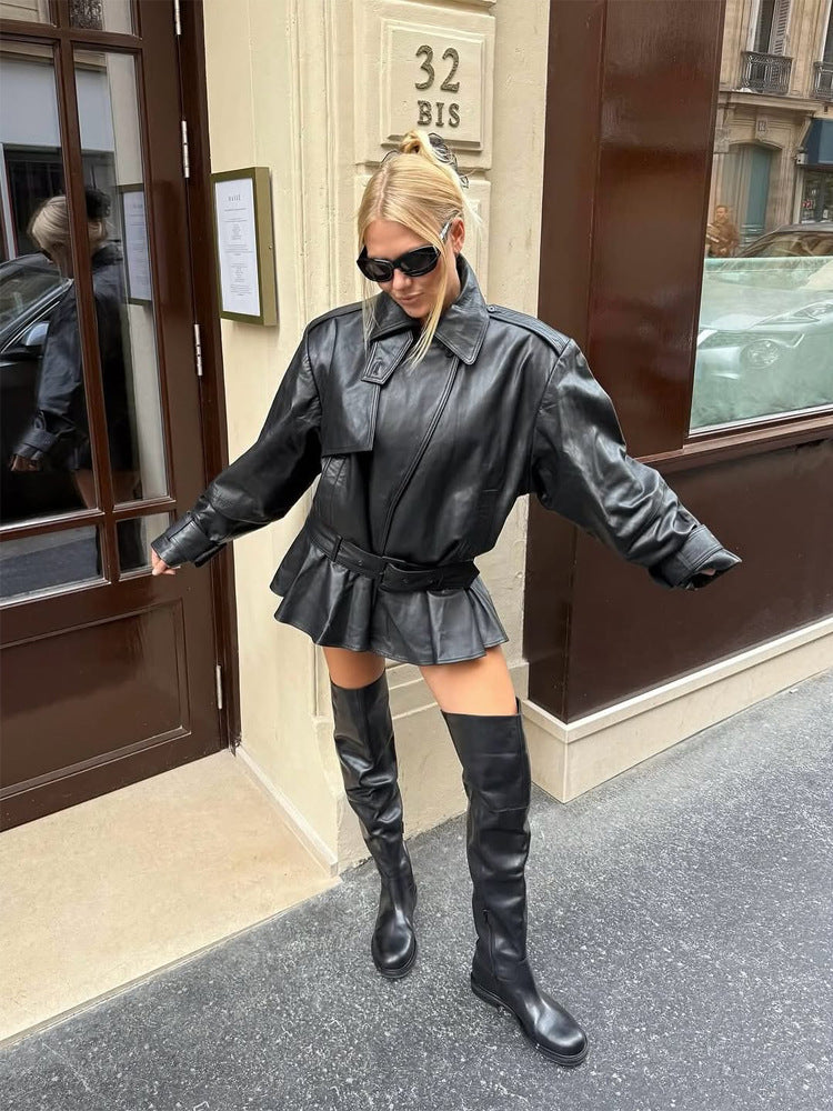 Ladies Oversize Leather Jacket with Tailoring Tie Belt and Ruffle Hem Mune Fashion